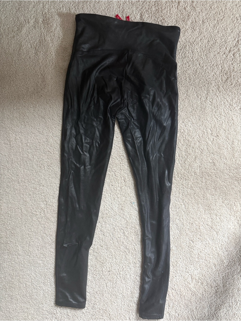 SPANX Black Faux Leather Leggings with Red Logo Tab